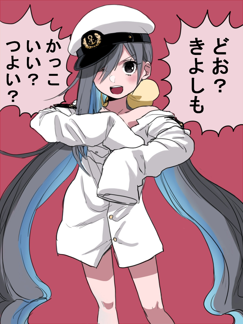 ;d admiral_(kantai_collection) admiral_(kantai_collection)_(cosplay) anchor_symbol black_eyes bow buttons cosplay grey_hair hair_bow hat highres kantai_collection kiyoshimo_(kantai_collection) koharu_(gomi_ik) long_hair looking_at_viewer military military_uniform multicolored_hair off_shoulder one_eye_closed open_mouth oversized_clothes red_background simple_background sleeves_past_wrists smile solo teeth translated two-tone_hair uniform yellow_bow