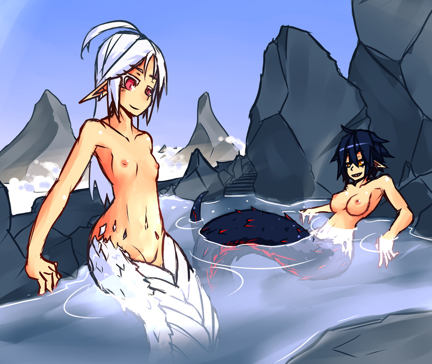 bathing breasts duo female hair hot_spring humanoid hybrid lamia long_hair monster_girl_(genre) nipples nude outside pointy_ears reptile scalie slit_pupils snake sub-res water