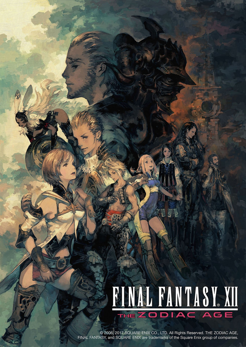 6+boys animal_ears armor ashelia_b'nargin_dalmasca balflear basch_fon_ronsenburg beard black_hair blonde_hair brown_hair bunny_ears cidolfus_demen_bunansa commentary copyright_name facial_hair final_fantasy final_fantasy_xii fran gabranth_(ff12) highres larsa_ferrinas_solidor looking_at_viewer miniskirt multiple_boys multiple_girls official_art penelo silver_hair skirt square_enix thighhighs vaan vayne_carudas_solidor vest viera yoshida_akihiko