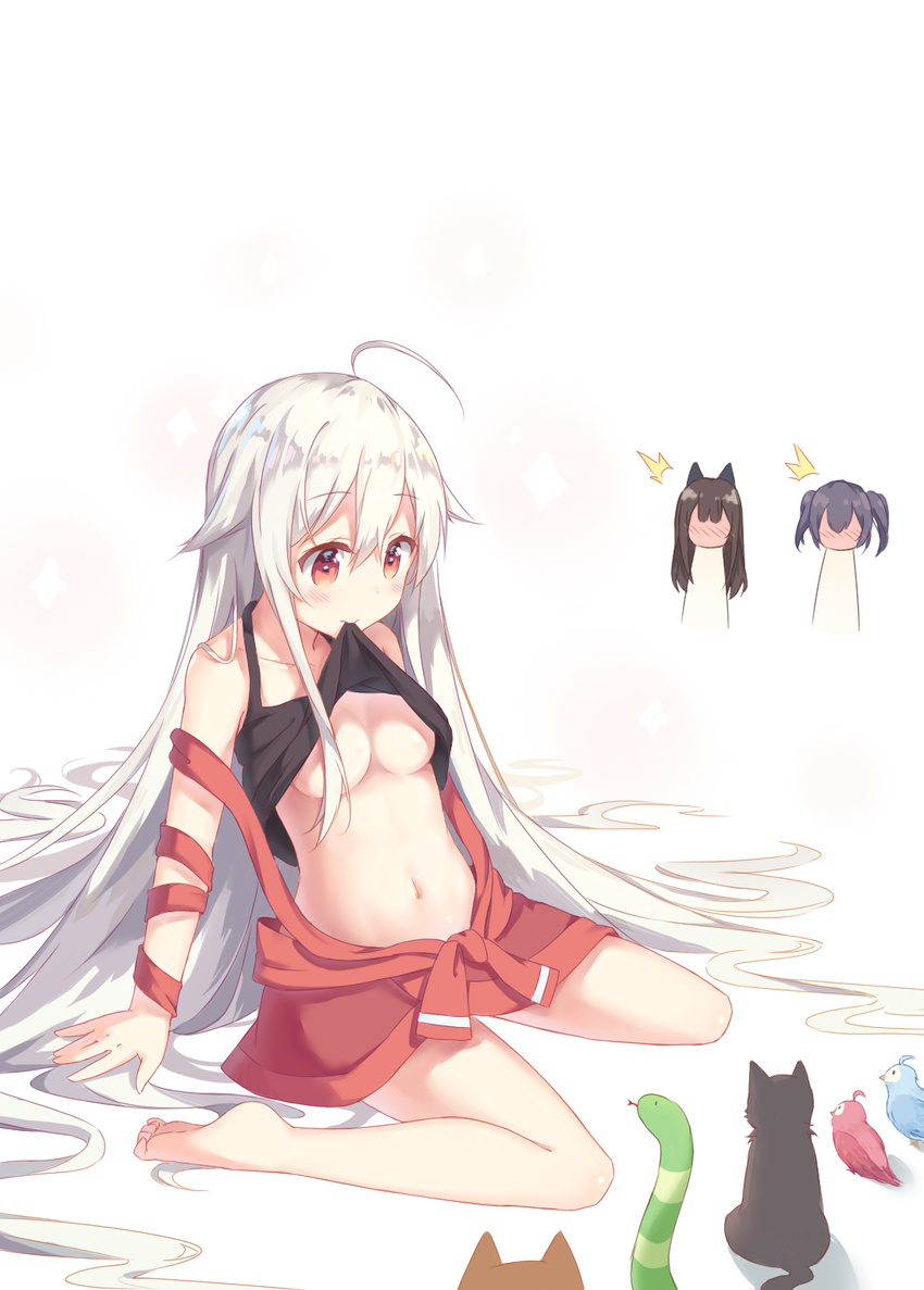 2429144768 3girls :&gt; absurdly_long_hair ahoge barefoot bird black_cat black_hair black_shirt blush breasts brown_hair cat chibi chibi_inset chiya_(urara_meirochou) closed_mouth collarbone eyebrows_visible_through_hair full-face_blush hair_between_eyes hair_censor hair_flaps highres long_hair looking_at_another medium_breasts mouth_hold multiple_girls navel orange_eyes shirt shirt_lift simple_background sitting sleeveless sleeveless_shirt snake tank_top tatsumi_kon tongue tongue_out twintails urara_meirochou very_long_hair white_background white_hair yukimi_koume