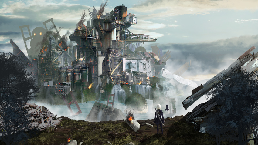 akky_(akimi1127) black_dress black_gloves black_legwear building cloud cloudy_sky day dress drone factory fire floating from_behind gloves highres juliet_sleeves legs_apart long_sleeves machine_(nier) machinery nier_(series) nier_automata outdoors pod_(nier_automata) post-apocalypse puffy_sleeves robot ruins satellite scenery short_dress short_hair silver_hair sky solo standing sword thighhighs tree turtleneck vambraces very_wide_shot water weapon weapon_on_back white_hair yorha_no._2_type_b