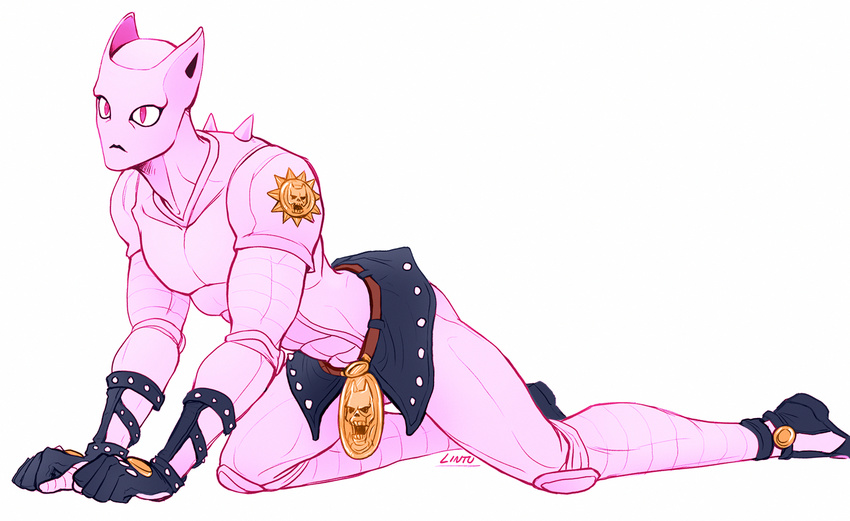 abs ambiguous_gender animal_humanoid cat_humanoid clothing feline gloves humanoid jojo's_bizarre_adventure killer_queen lintufriikki mammal pink_body simple_background solo stand_(jjba) white_background