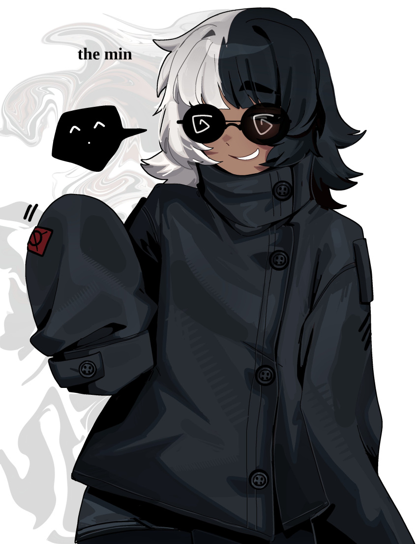 1girl ^_^ absurdres asymmetrical_clothes black_jacket breasts buttons closed_eyes coke-bottle_glasses collared_jacket english_text glasses highres jacket leather leather_jacket long_sleeves medium_breasts multicolored_hair ny_000a original oversized_clothes shorts small_breasts smile sticker_on_clothes tan tinted_eyewear two-tone_hair