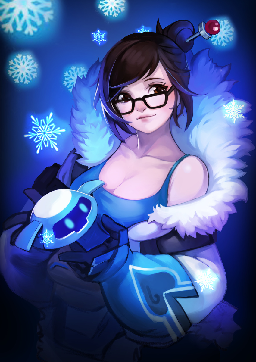 absurdres bangs bare_shoulders beads belt belt_pouch black-framed_eyewear blue_gloves breasts brown_eyes brown_hair cleavage closed_mouth coat collarbone cowboy_shot drone fur-trimmed_boots fur-trimmed_jacket fur_coat fur_trim glasses gloves hair_bun hair_ornament hair_stick highres jacket large_breasts lips machinery mei_(overwatch) nose open_clothes open_coat overwatch parka pouch rain_yoo robot short_hair sidelocks smile snowball_(overwatch) snowflakes solo standing strap swept_bangs tank_top utility_belt winter_clothes winter_coat