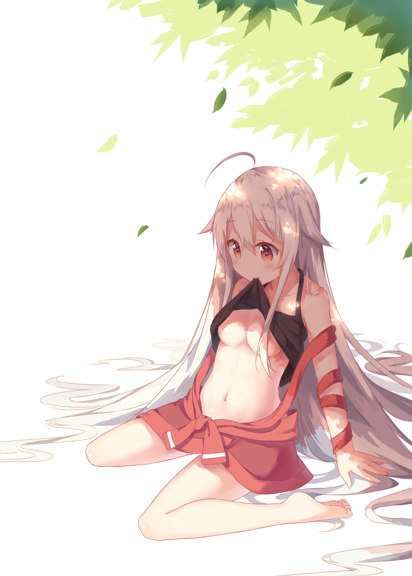 2429144768 :&gt; absurdly_long_hair ahoge barefoot black_shirt blush breasts chiya_(urara_meirochou) closed_mouth collarbone eyebrows_visible_through_hair full_body hair_between_eyes hair_censor hair_flaps highres leaf long_hair medium_breasts mouth_hold navel orange_eyes shirt shirt_lift simple_background sitting sleeveless solo tank_top urara_meirochou very_long_hair white_background white_hair