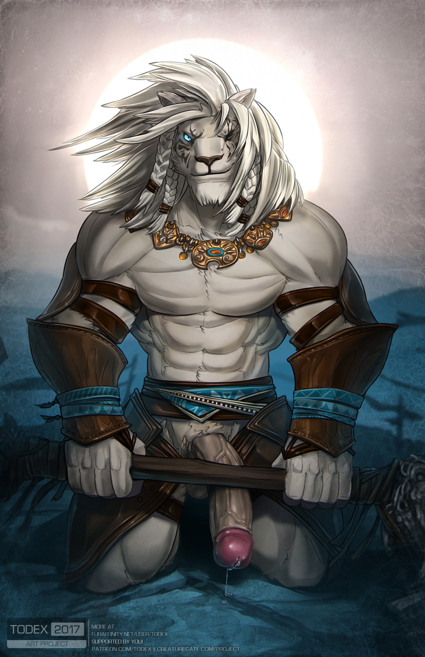2017 ajani_goldmane anthro avoid_posting erection feline front_view lion looking_at_viewer magic_the_gathering male mammal moon smile solo todex
