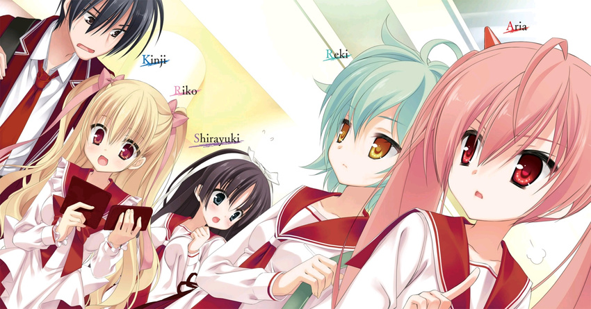 4girls ahoge aqua_hair black_eyes black_hair blonde_hair character_name collarbone hair_between_eyes hair_ribbon hidan_no_aria highres holding hotogi_shirayuki index_finger_raised kanzaki_h_aria kobuichi long_hair mine_riko multiple_girls necktie novel_illustration official_art open_mouth pink_hair pink_ribbon red_eyes red_neckwear reki_(hidan_no_aria) ribbon school_uniform serafuku shirt short_hair tooyama_kinji two_side_up white_shirt yellow_eyes