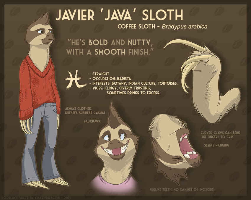 anthro clothed clothing english_text fur male mammal model_sheet sloth smile solo standing teeth text thecrazydragon