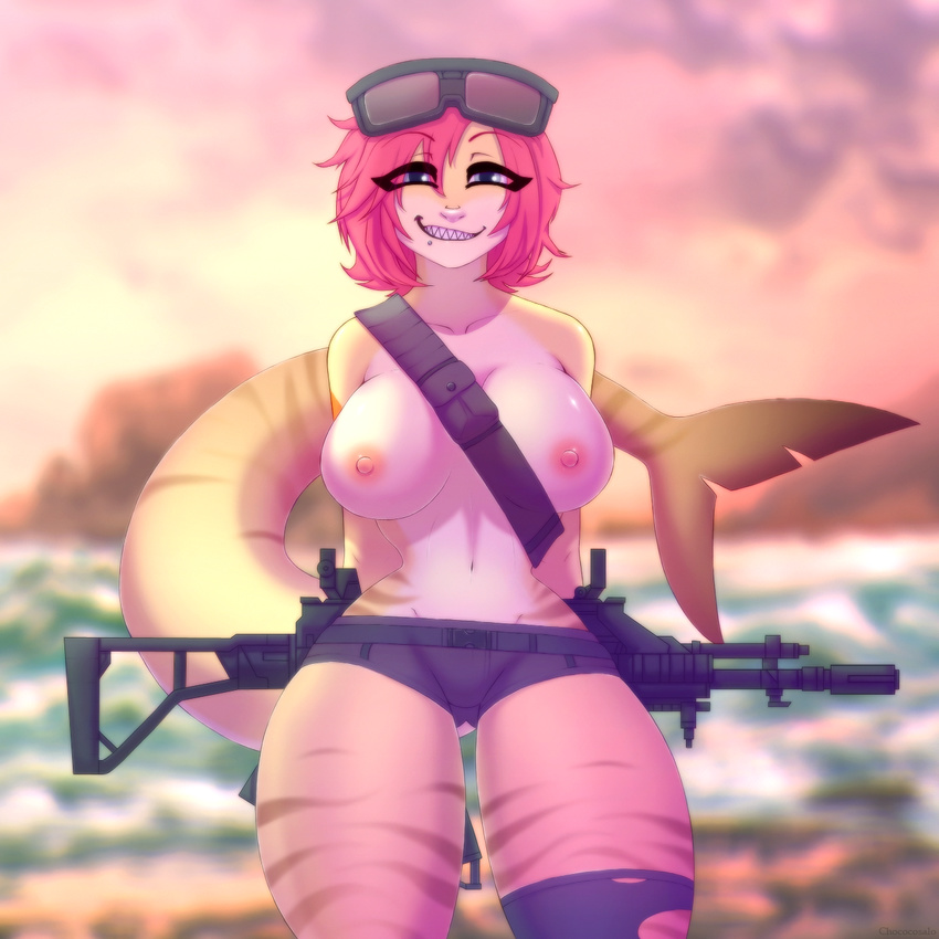 anthro breasts chococosalo clothed clothing female fish gun looking_at_viewer marine nipples ranged_weapon rifle shark smile solo standing thick_thighs topless weapon wide_hips