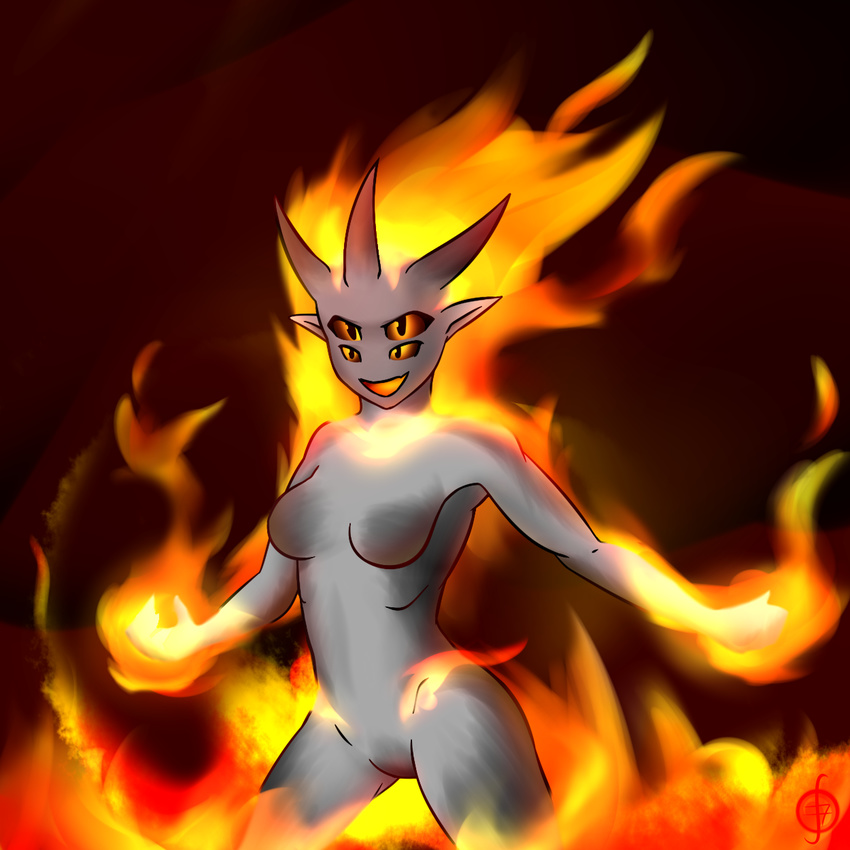 breasts elemental featureless_breasts female fire fire_elemental flaming_hair four_eyes fyxx hair horn humanoid monster_girl_(genre) multi_eye not_furry nude open_mouth pointy_ears smile solo standing thundragon