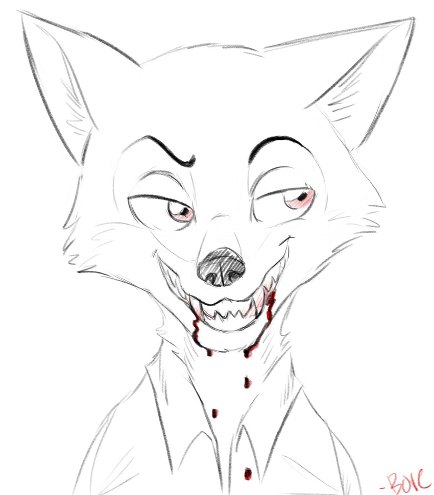 anthro blood boreoboros canine clothed clothing disney fox fur grin half-closed_eyes hi_res mammal monochrome nick_wilde red_eyes sharp_teeth shirt signature simple_background smile teeth white_background zootopia