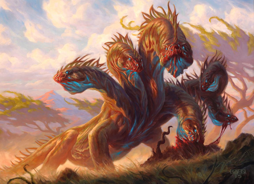 blood caprine chris_rahn corpse crest death eating gore hydra ibex landscape long_neck looking_at_viewer looking_away magic_the_gathering mammal multi_head official_art scalie signature spines