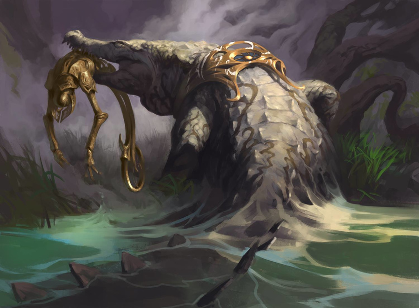 crocodile crocodilian feral harness machine magic_the_gathering official_art partially_submerged rear_view reptile robot scalie sharp_teeth sidharth_chaturvedi solo teeth walking