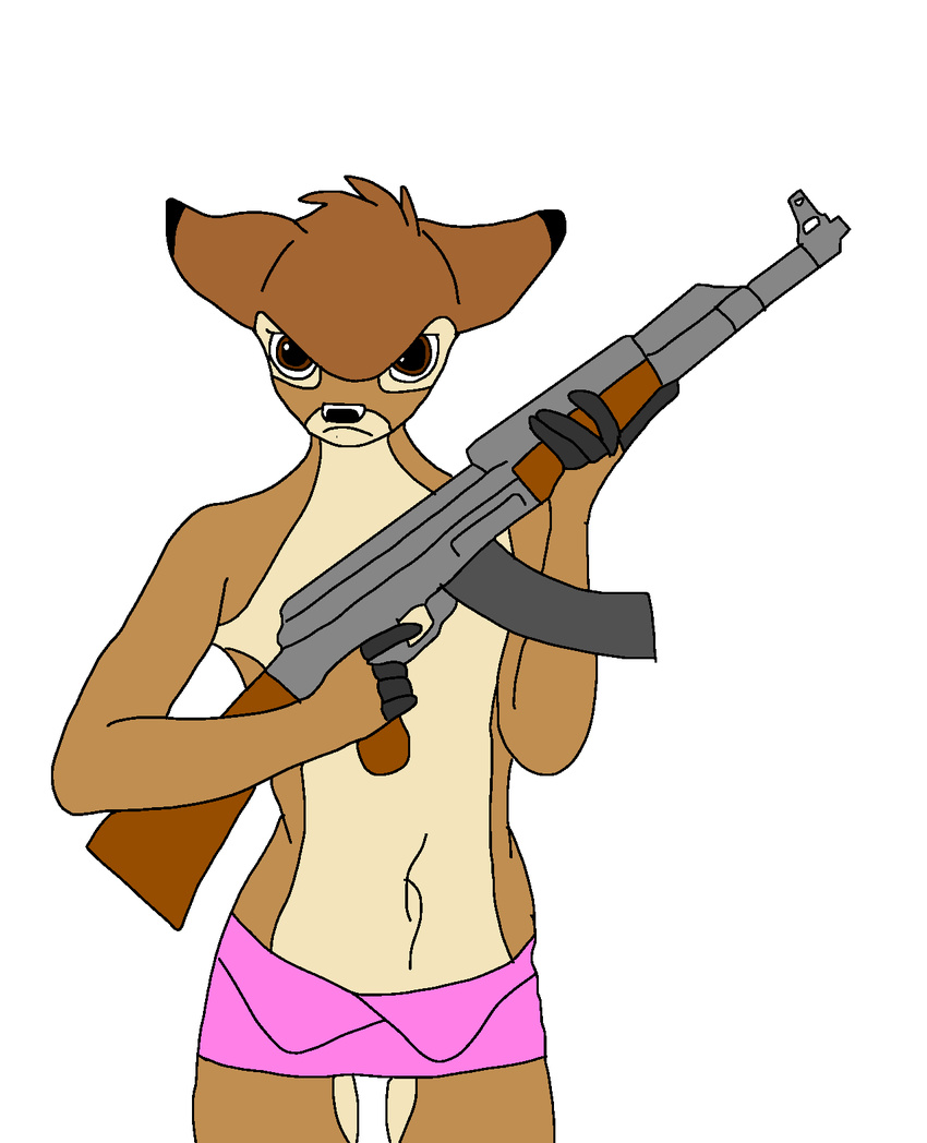 ak47 angry bambi bambi_(film) brown_eyes brown_fur clothed clothing disney fur girly holding_object holding_weapon male shorts simple_background solo topless vanderhirsche weapon white_background