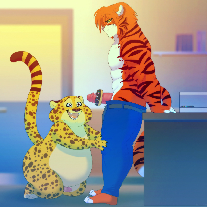 anthro chococosalo disney doughnut duo erection feline food humanoid_penis inside looking_at_penis male male/male mammal muscular obese open_mouth overweight penis smile tiger unzipped zootopia