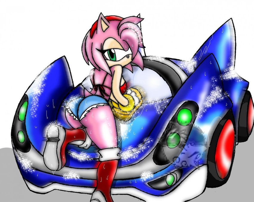 amy_rose anthro big_(disambiguation) bikini breasts car car_wash clothing denim_shorts female footwear goblinhordestudios k9wolf looking_at_viewer mammal shorts sonic_(series) swimsuit thick_thighs vehicle voluptuous wide_hips