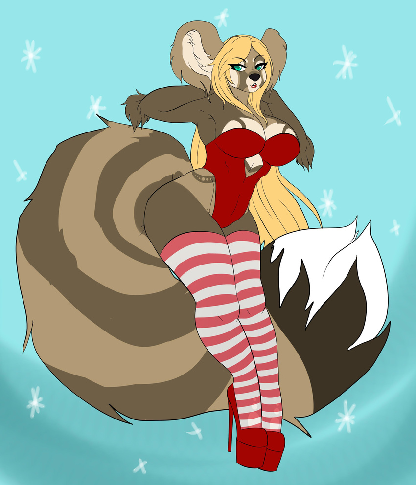 bear becca big_breasts big_butt blonde_hair breasts butt christmas cleavage clothed clothing corset footwear hair high_heels holidays huge_breasts huge_butt invalid_tag keyhole legwear lingerie long_legs mammal panda pinup platform_footwear platform_heels pose rebecca red_panda rileyserenity shoes snow stockings thich_highs voluptuous winter