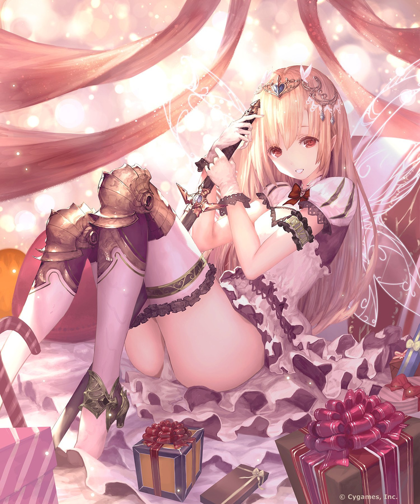 bangs blonde_hair commentary_request dress fairy_wings frilled_dress frilled_legwear frills gift hair_between_eyes highres holding holding_sword holding_weapon layered_dress leg_armor long_hair looking_at_viewer parted_lips pointy_ears puffy_short_sleeves puffy_sleeves red_eyes shadowverse sheath sheathed shingeki_no_bahamut short_sleeves smile solo sword tachikawa_mushimaro thighhighs thighs tiara watermark weapon white_dress white_legwear wings