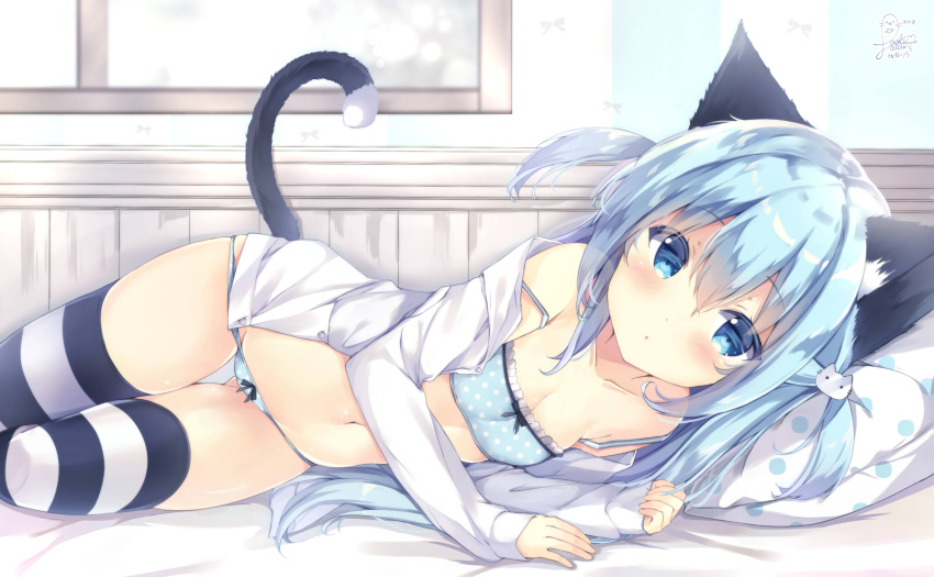 2018 :o animal_ears bangs bed_sheet blue_bra blue_eyes blue_hair blue_panties blush bow bow_bra bow_panties bra cat_ears cat_girl cat_hair_ornament cat_tail collarbone commentary_request dress_shirt eyebrows_visible_through_hair fingernails hair_between_eyes hair_ornament hands_up highres long_hair long_sleeves looking_at_viewer lying navel no_pants on_side open_clothes open_shirt original panties parted_lips pillow polka_dot polka_dot_bra polka_dot_panties saeki_sora shirt signature sleeves_past_wrists solo striped striped_legwear tail tail_raised thighhighs two_side_up underwear very_long_hair white_shirt window