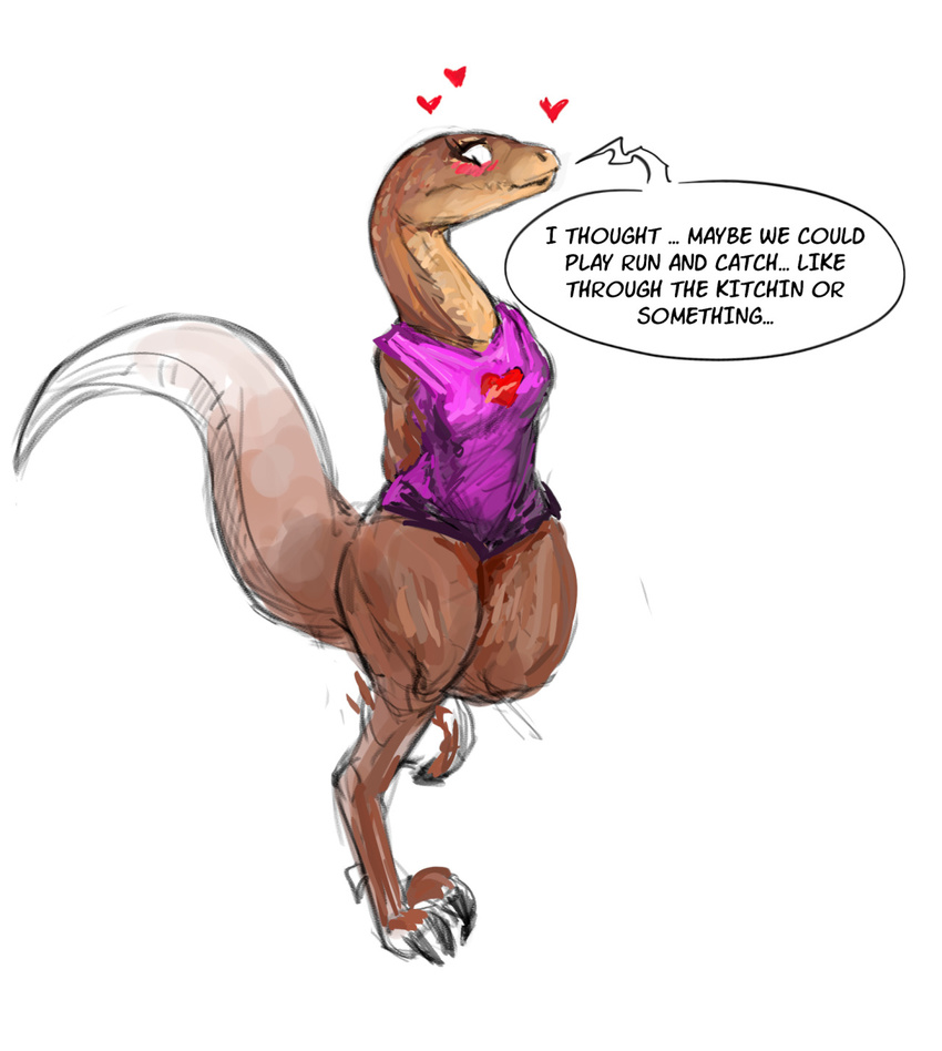 &lt;3 anthro blush breasts claws clothing cute dialogue dinosaur english_text eyelashes female korram raptor shirt simple_background solo speech_bubble talking_to_viewer text theropod toe_claws white_background