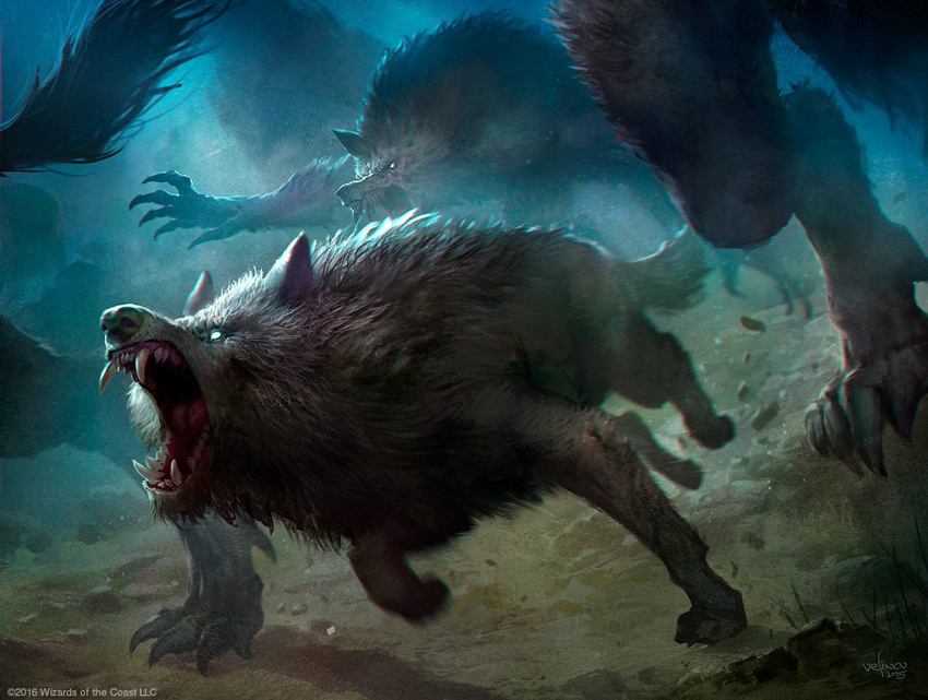 anthri canine claws disembodied_leg feral glowing glowing_eyes group magic_the_gathering mammal official_art open_mouth quadruped running signature snarling solo_focus svetlin_velinov were werewolf wolf