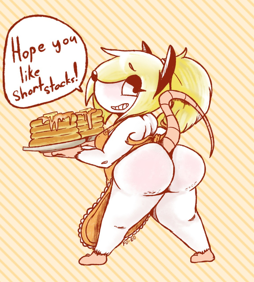 anthro apron barefoot big_butt breasts butt clothing english_text female food fu-do grin looking_back mammal mouse naked_apron pancake plate raised_tail rodent short_stack smile solo speech_bubble text