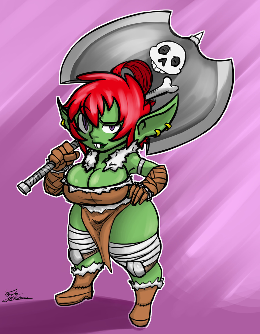 2017 armor armpits barbarian big_breasts breasts clothed clothing digital_media_(artwork) female goblin green_skin hair holding_object holding_weapon human humanoid jyto looking_at_viewer mammal melee_weapon piercing pointy_ears simple_background smile solo standing teeth warrior weapon