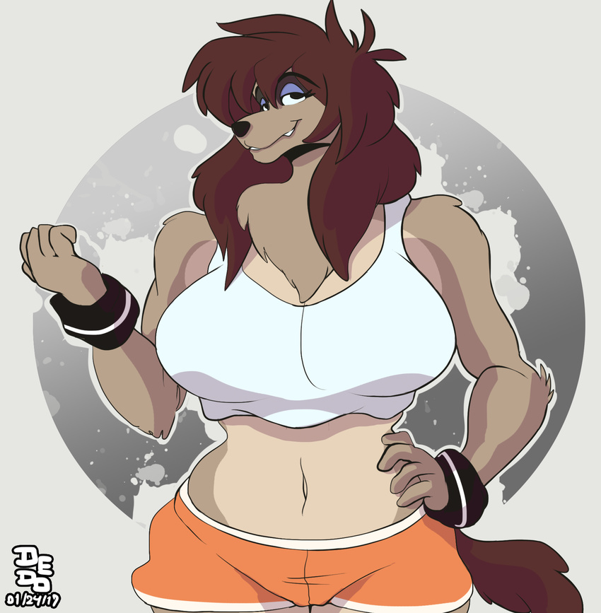 2017 5_fingers anthro biped black_eyes black_nose breasts brown_hair brown_tail canine clothed clothing crop_top digital_media_(artwork) disney dog eyebrows eyelashes eyeshadow female fur grey_background grey_fur hair half-closed_eyes half-length_portrait hand_on_hip hi_res lionalliance long_hair looking_at_viewer makeup mammal midriff navel oliver_and_company orange_bottomwear orange_clothing portrait pose rita_(disney) shirt shorts signature simple_background snout solo standing white_clothing white_topwear wristband