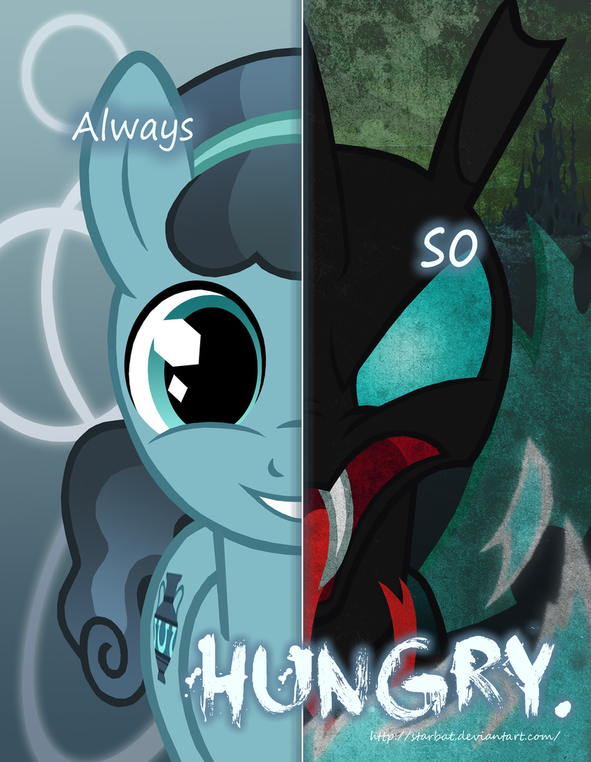 2016 blue_eyes changeling crystal_pony_(mlp) english_text fangs friendship_is_magic male my_little_pony poster solo starbat text thorax_(mlp)