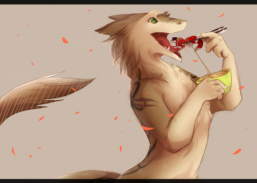 bowl canine chopsticks docisco eating food fox male mammal noodles nude open_mouth ramen rose_peddles sergal shuryashish simple_background tattoo teeth tongue vore