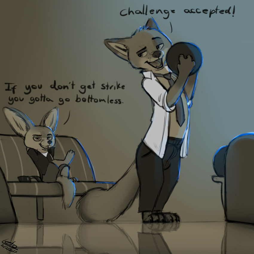 bowling_ball bulge canine clothed clothing crossed_legs dialogue disney duo fennec finnick fox fur hi_res letodoesart looking_back mammal necktie nick_wilde pants shirt sitting size_difference standing text zootopia
