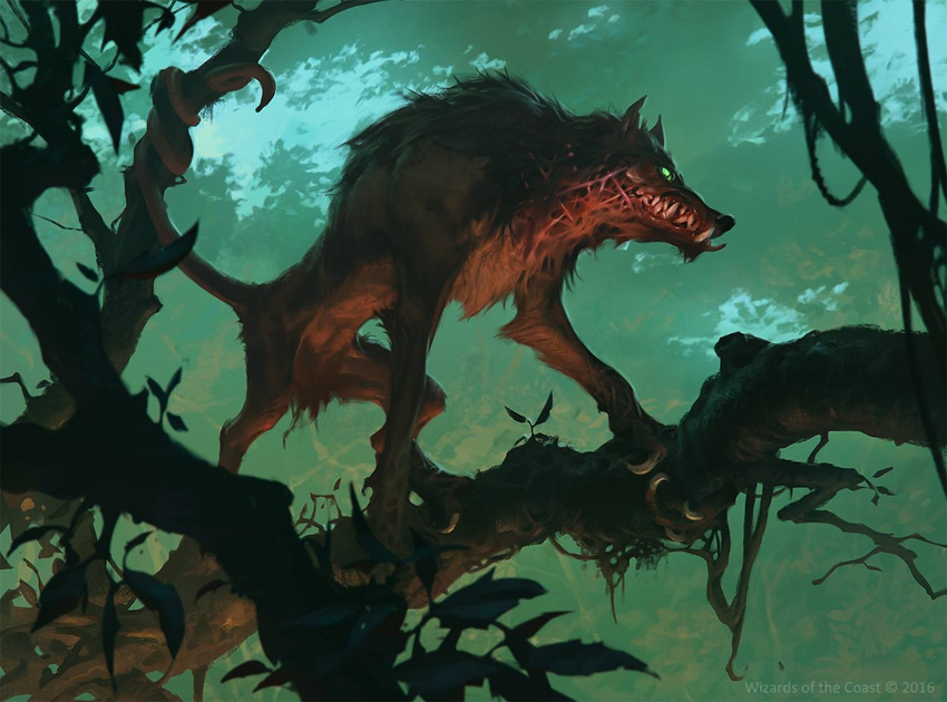 canine claws coiled_tail featureless_crotch feral low-angle_view magic_the_gathering mammal monster official_art quadruped sharp_teeth slawomir_maniak teeth tentacles wolf