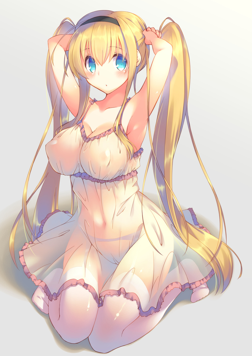 armpits arms_up bangs bare_shoulders black_hairband blonde_hair blue_eyes blush breasts cleavage collarbone covered_navel covered_nipples dress eyebrows_visible_through_hair frilled_skirt frills full_body hairband hands_in_hair highres large_breasts long_hair mutsuno_hekisa no_shoes original see-through sitting skirt sleeveless sleeveless_dress solo thighhighs twintails very_long_hair white_dress white_legwear
