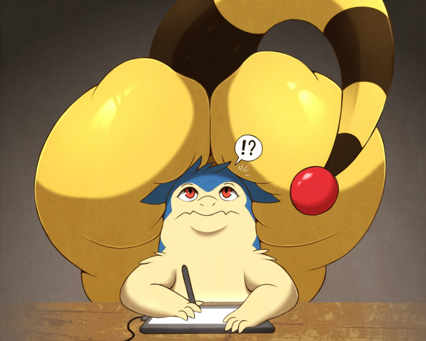 ! ? ambiguous_gender ampharos big_butt butt facesitting huge_butt nintendo pok&eacute;mon presenting presenting_hindquarters raised_tail red_eyes rikuaoshi simple_background size_difference slightly_chubby table tablet thick_thighs typhlosion video_games wide_hips