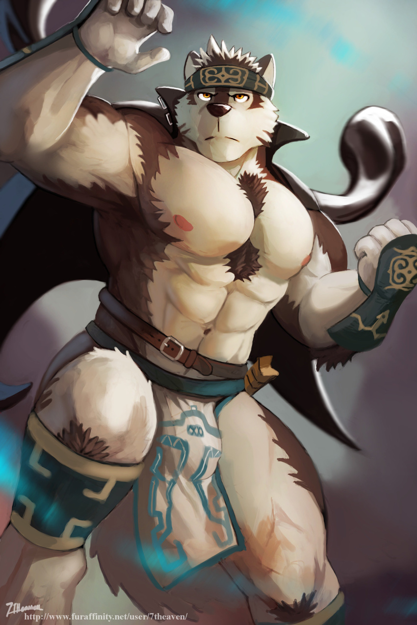 5_fingers 7theaven abs anthro armpits belt black_nose brown_fur bulge canine clothed clothing coat english_text frown fur headband horkeukamui legwear loincloth male mammal multicolored_fur muscular muscular_male navel nipples open_coat pecs pink_nipples serious signature simple_background solo text tokyo_afterschool_summoners topless vambrace white_fur wolf yellow_eyes