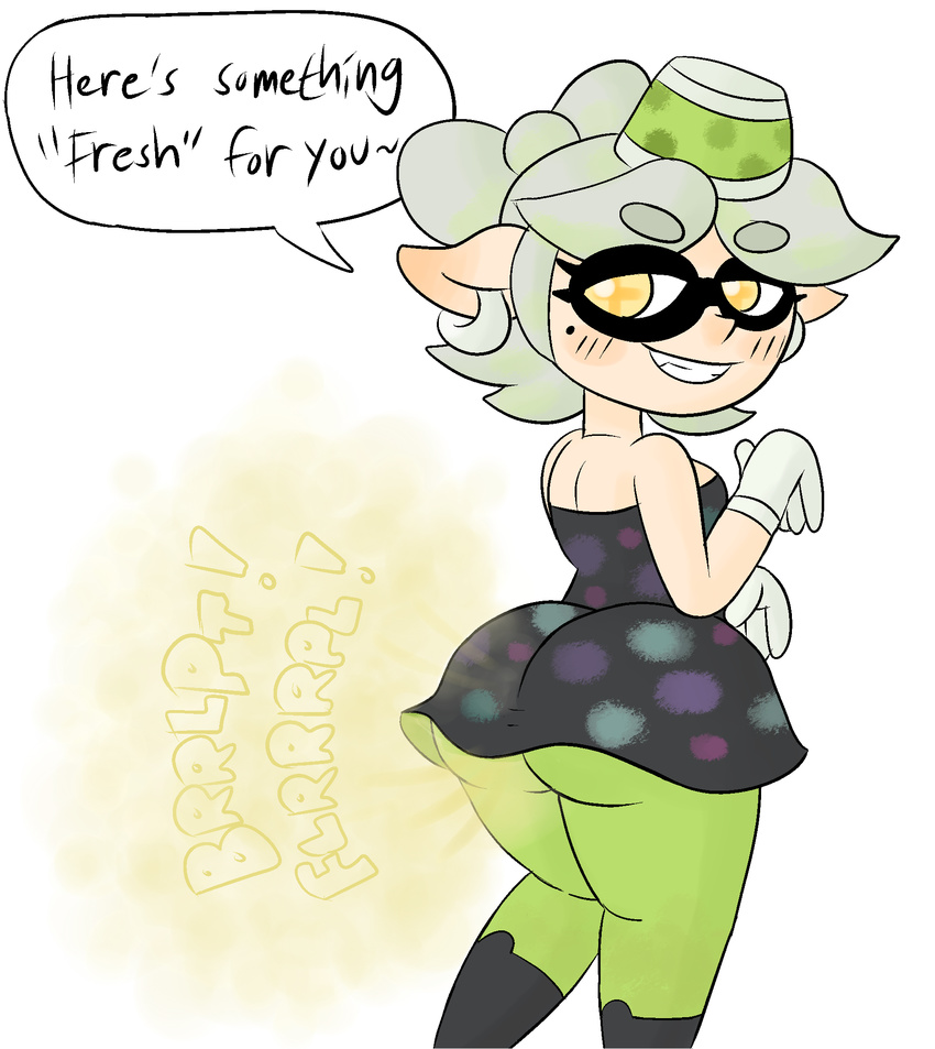big_butt blush breasts butt cephalopod clothed clothing dialogue drawful-s ear_piercing english_text fart fart_cloud fart_fetish inkling marie marine nintendo piercing smile splatoon squid text video_games yellow_eyes