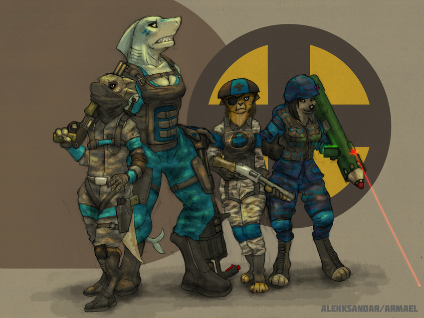 2015 4_toes alekksandar anthro armor boots breasts cheetah clothed clothing digitigrade feline fin fish footwear frill group head_fin head_frill helmet hi_res mammal marine non-mammal_breasts ranged_weapon scalie shark simple_background standing tail_fin team_fortress toes weapon