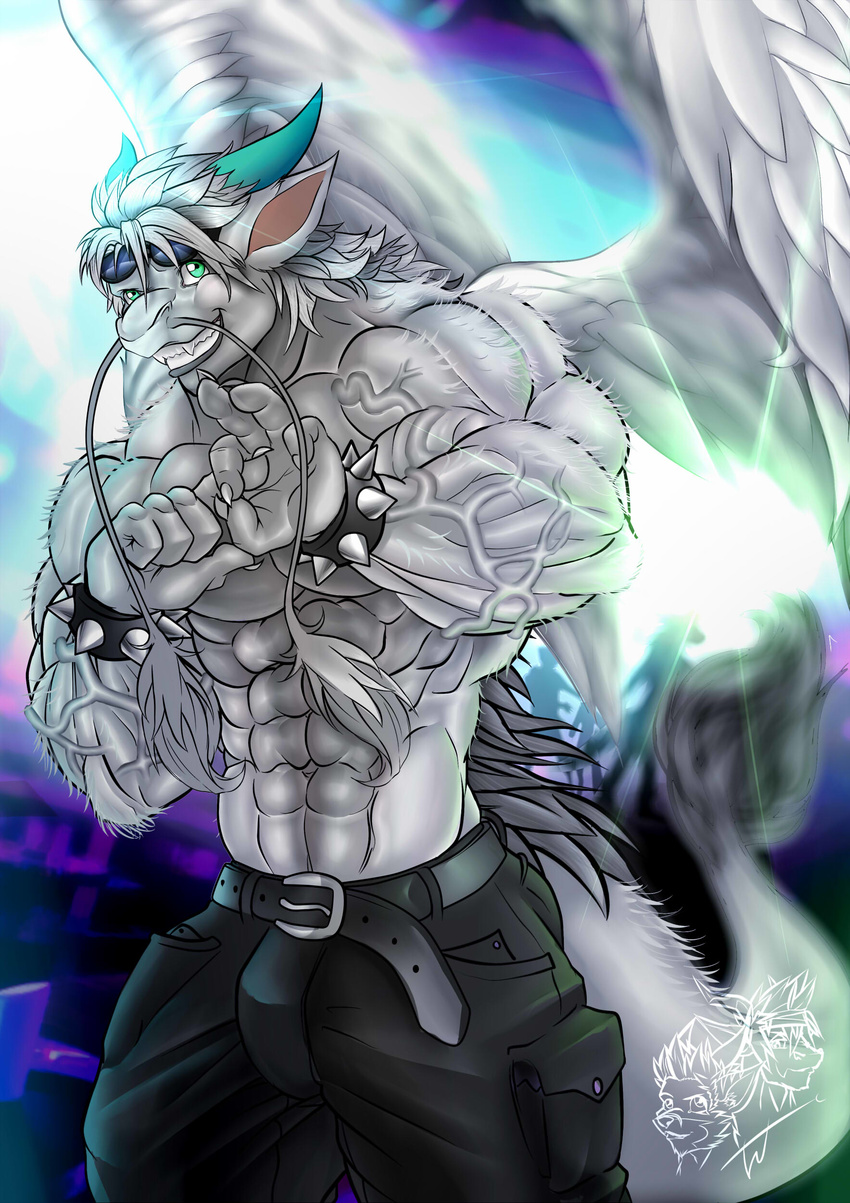 angel_dragon anthro belt clothed clothing dragon feathered_wings feathers grin male muscular sckhar smile suggestive toothy_grin topless vein veiny_muscles wings wintercross_(artist)