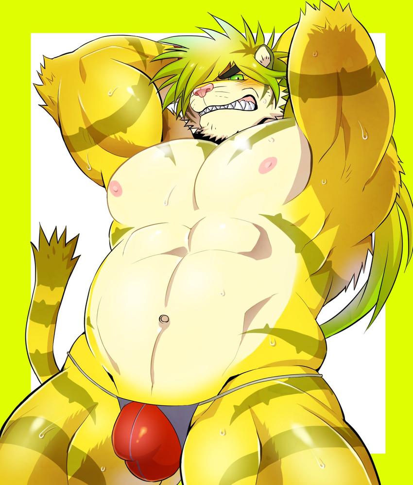 abs anthro bandage blonde_hair clothing feline fur green_hair grin hair magan male mammal multicolored_hair muscular muscular_male navel nipples pecs pink_nipples pink_nose simple_background smile solo striped_fur stripes teeth tiger tokyo_afterschool_summoners two_tone_hair underwear white_fur yellow_fur yellow_sclera