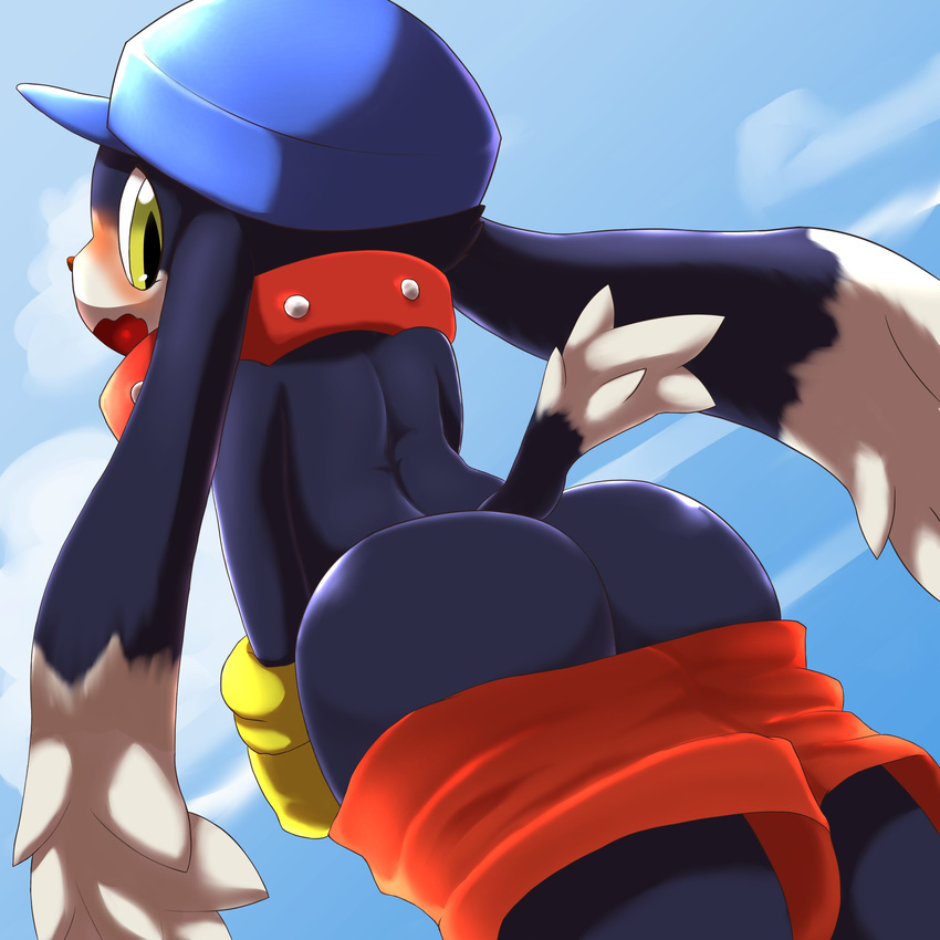 anthro black_fur blush butt clothing collar day embarrassed fur gloves hat klonoa klonoa_(series) looking_back male open_mouth outside saru_gundan shorts sky solo standing white_fur