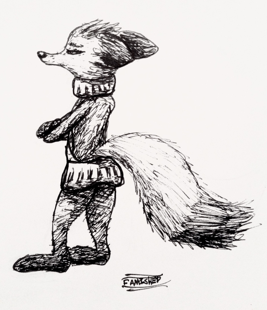 canine charlie_(weaver) crossed_arms dipstick_ears dipstick_tail disney famished female fox fur hi_res mammal monochrome multicolored_tail pack_street signature simple_background solo standing virgin_killer_sweater white_background zootopia