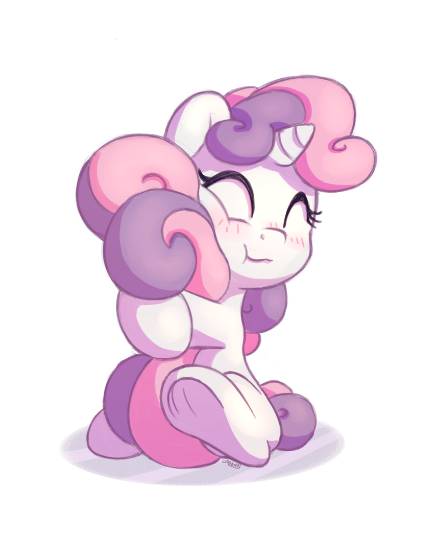 2017 blush bobdude0 cub equine eyes_closed female friendship_is_magic hair hi_res hooves horn hug mammal multicolored_hair my_little_pony pink_hair purple_hair simple_background solo sweetie_belle_(mlp) two_tone_hair underhoof unicorn white_background young