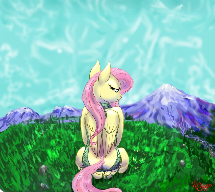 anthro butt clothing cloud fluttershy_(mlp) friendship_is_magic grass harryclopper looking_at_viewer looking_back mountain my_little_pony scenery sky sleeveless_sweater smile sweater virgin_killer_sweater