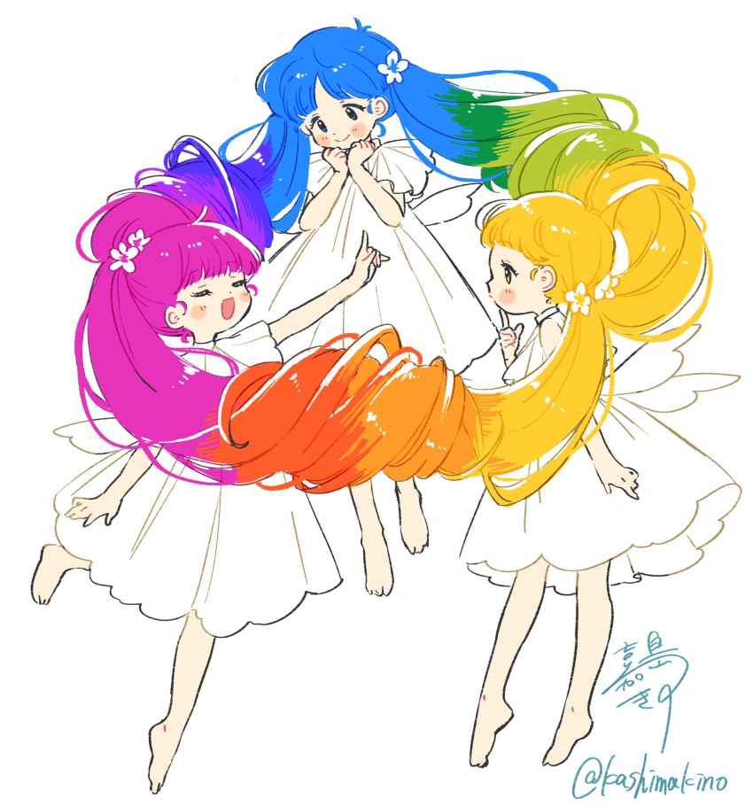 3girls :d barefoot blonde_hair blue_eyes blue_hair blunt_bangs blush_stickers commentary_request dress finger_to_own_chin flower full_body green_hair hair_flower hair_focus hair_ornament hair_rings hands_on_own_chin highres index_finger_raised intertwined_hair kashima_kino leg_up long_hair matching_outfits medium_dress multicolored_hair multiple_girls open_mouth orange_hair original outstretched_arm parted_bangs pink_hair plantar_flexion purple_hair rainbow_gradient rainbow_hair red_hair signature simple_background smile standing tiptoes twintails twitter_username very_long_hair white_background white_dress white_flower white_wings wings yellow_eyes