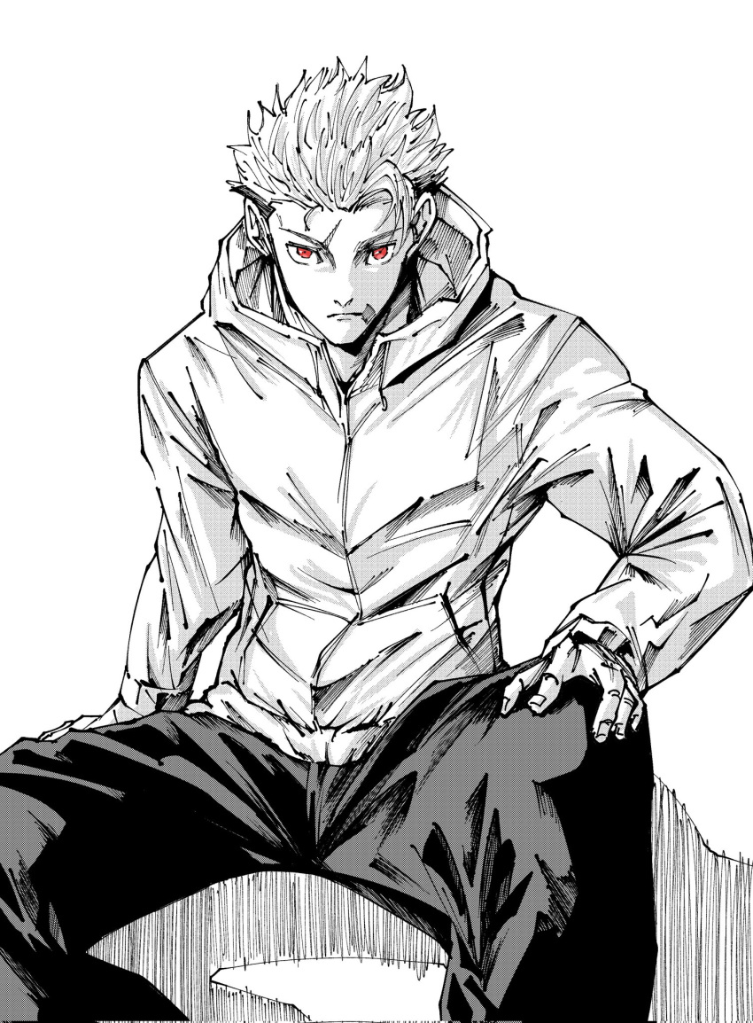 1boy closed_mouth commentary_request greyscale hair_slicked_back hand_on_own_knee highres itadori_yuji jacket jujutsu_kaisen jujutsu_kaisen_modulo looking_at_viewer male_focus monochrome pants red_eyes scar scar_across_eye scar_on_face scar_on_mouth short_hair simple_background sitting solo spot_color white_background zumio1218