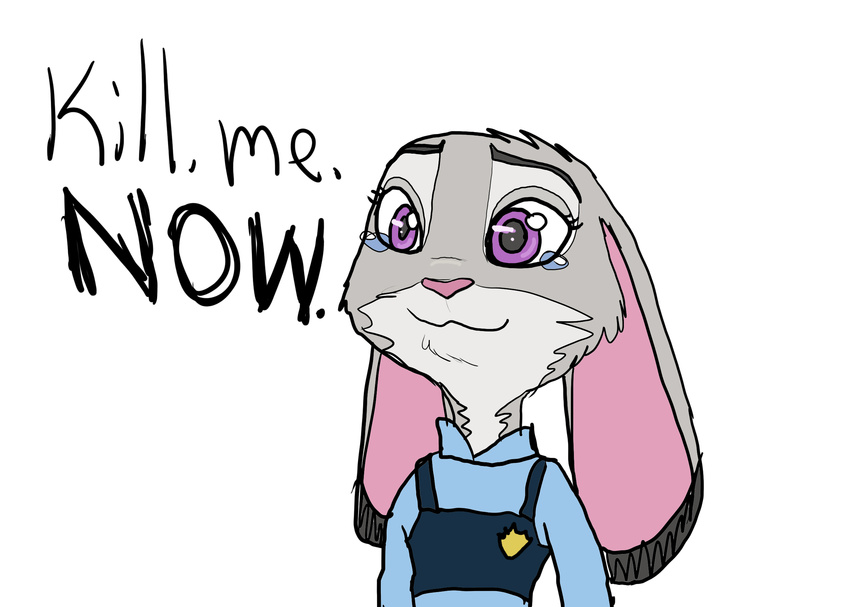 anthro clothing disney english_text eyebrows eyelashes female fur grey_fur judy judy_hopps lagomorph long_ears mammal meme pink_nose police_uniform purple_eyes rabbit simple_background smile solo tears text uniform white_background white_fur zootopia