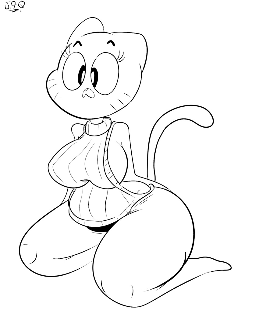2017 anthro black_and_white breasts cartoon_network cat clothing digital_media_(artwork) feline female fur hatchet-hare kneeling mammal monochrome nicole_watterson panties pose side_boob simple_background solo the_amazing_world_of_gumball underwear virgin_killer_sweater whiskers wide_hips