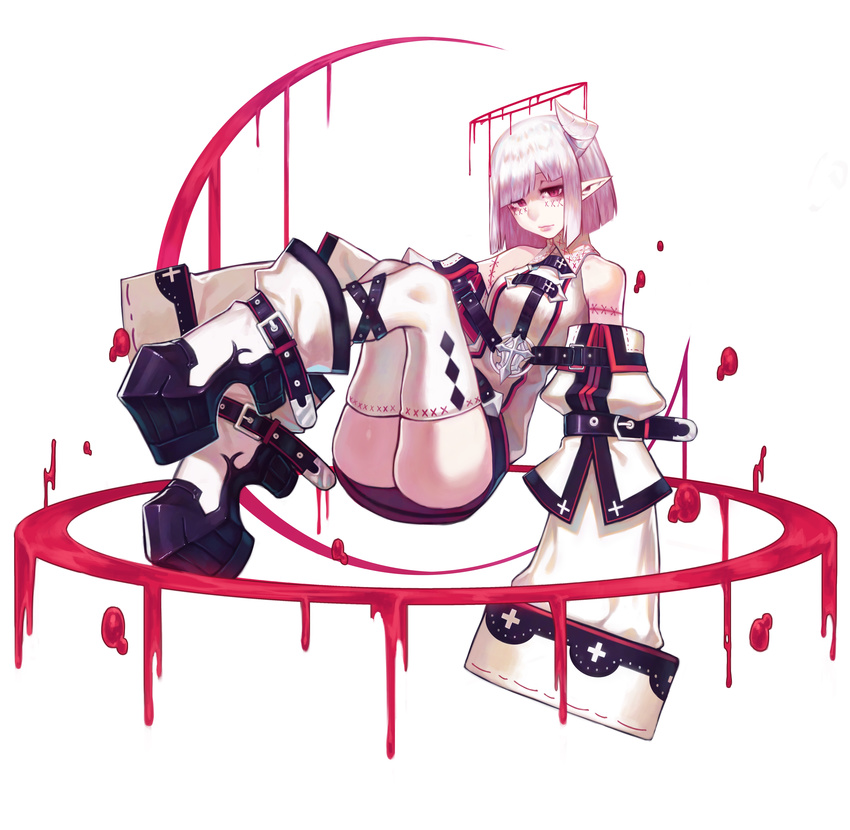 absurdres ass bangs bare_shoulders belt blood blunt_bangs boots closed_mouth detached_sleeves doku-chan_(dokkudokudoku) dress eyelashes floating full_body halo high_heel_boots high_heels highres horn legs_up long_sleeves looking_at_viewer midair original pointy_ears purple_eyes purple_lips shoe_strap short_dress short_hair silver_hair simple_background sleeveless sleeveless_dress sleeves_past_wrists solo strap thighhighs very_long_sleeves white_background white_dress white_legwear