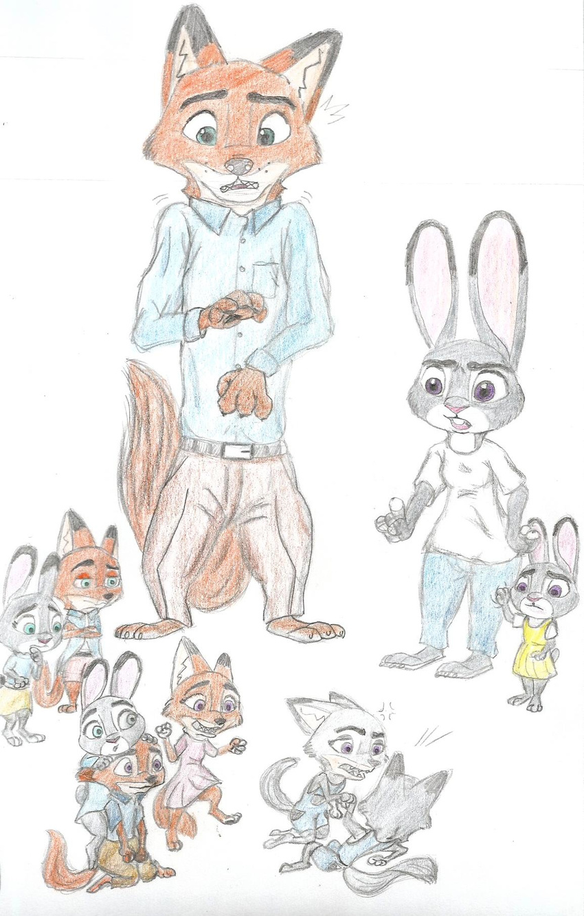 canine colored disney drawning family fox judy_hopps lagomorph mammal multiple_(disabiguation) nick_wilde rabbit scan size_difference young zootopia