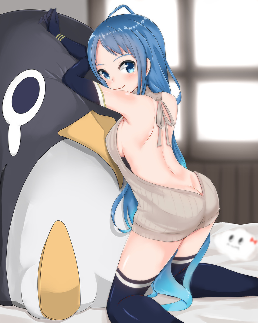 ahoge alternate_costume ass back backless_dress backless_outfit bangs bare_back bare_shoulders bed_sheet black_gloves black_legwear blue_eyes blue_hair blush_stickers breasts butt_crack closed_mouth dimples_of_venus dress elbow_gloves eyebrows_visible_through_hair failure_penguin feet_out_of_frame fingernails from_behind gloves gradient_hair grey_dress grey_sweater halterneck highres instant_(ioarthus) kantai_collection kneeling legs_apart long_hair looking_at_viewer looking_back medium_breasts meme_attire multicolored_hair naked_sweater no_bra no_panties on_bed revision ribbed_sweater samidare_(kantai_collection) shoulder_blades sideboob sleeveless sleeveless_turtleneck smile solo sweater sweater_dress thighhighs turtleneck turtleneck_sweater very_long_hair virgin_killer_sweater